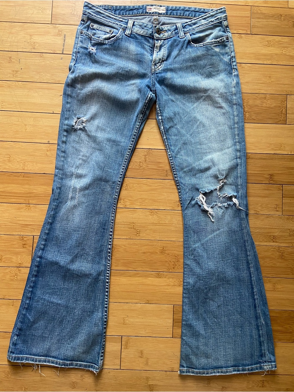 BKE Women's Distressed Flare Jeans - Medium Blue